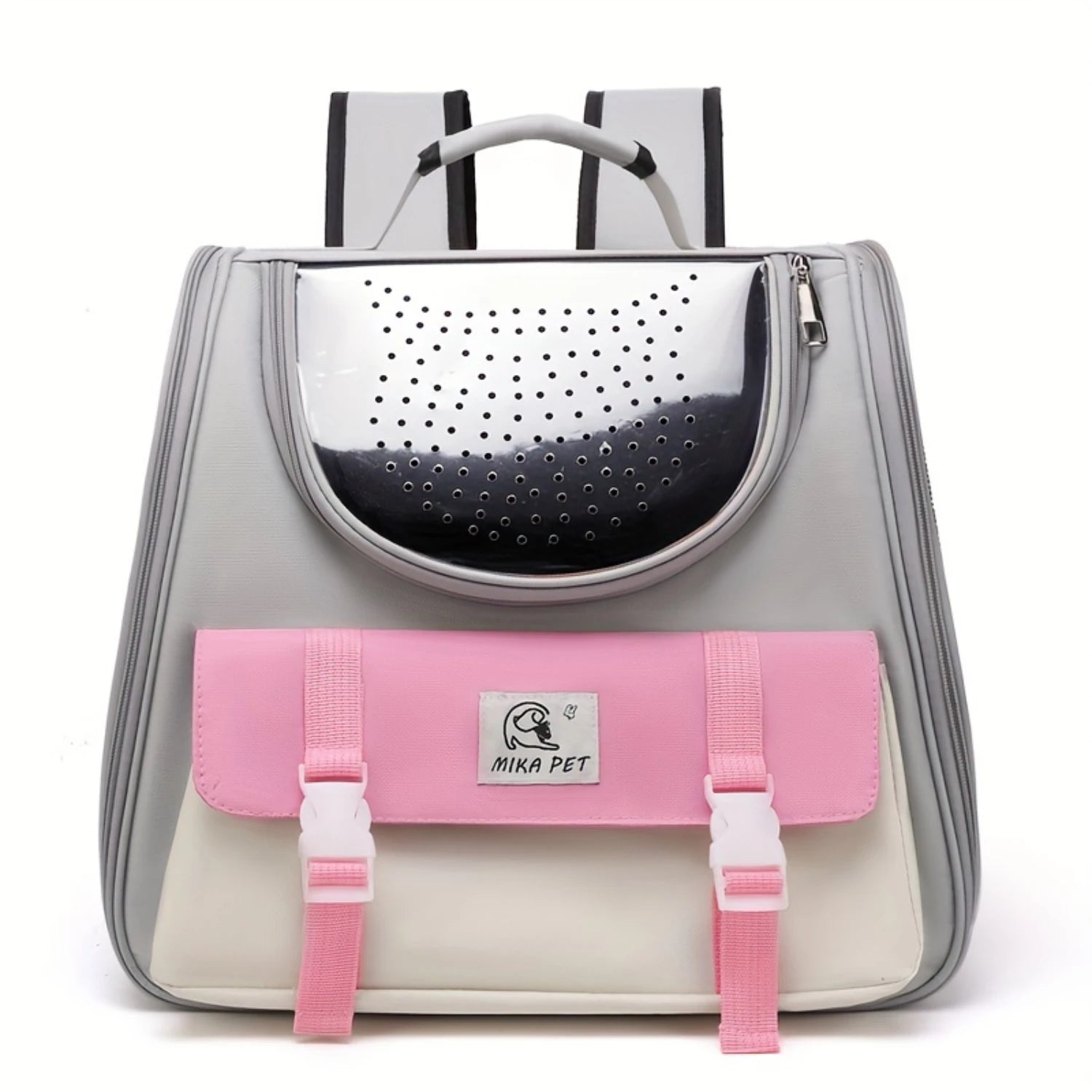 Pet carrier with pink straps and Mika Pet logo on a white background