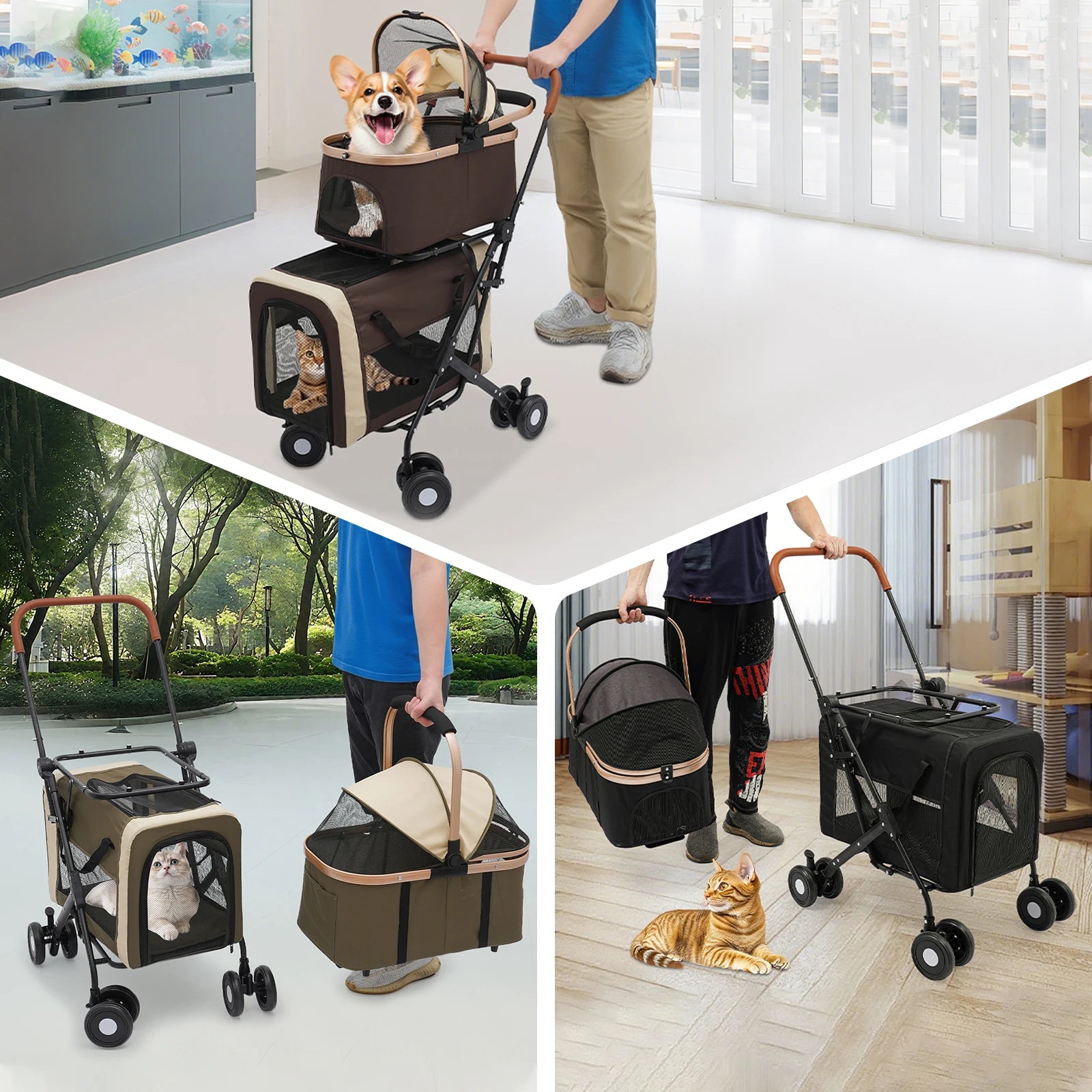 Pet stroller with a cat and dog inside, used by a person in various settings.