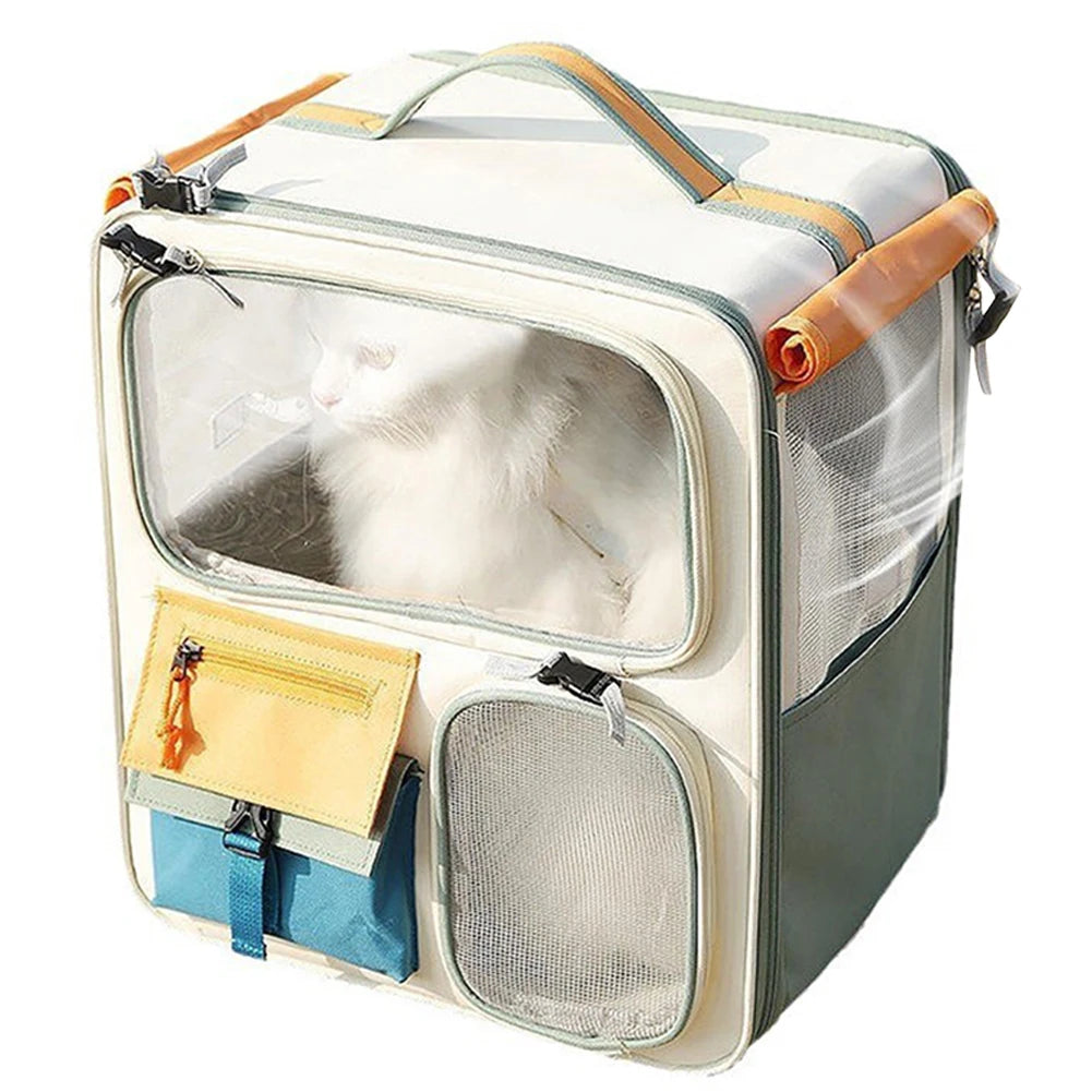 Clear pet carrier with transparent sides and orange handles on a white background