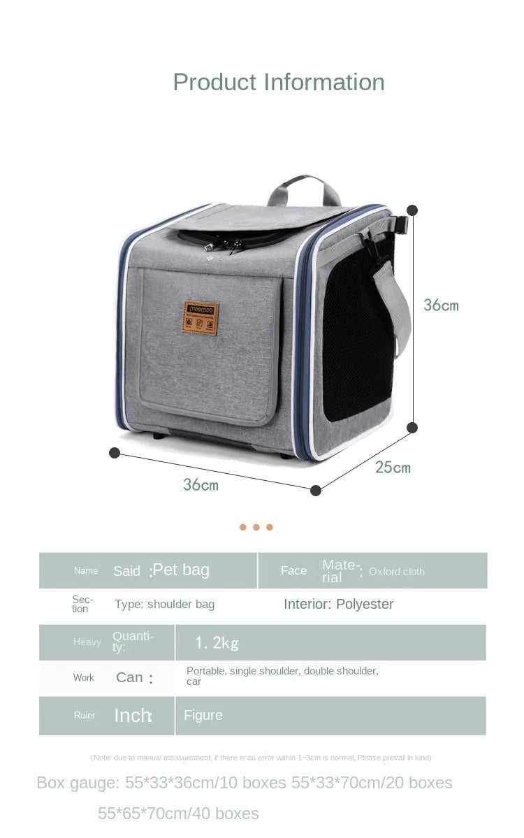 Pet carrier with dimensions and product information on a white background