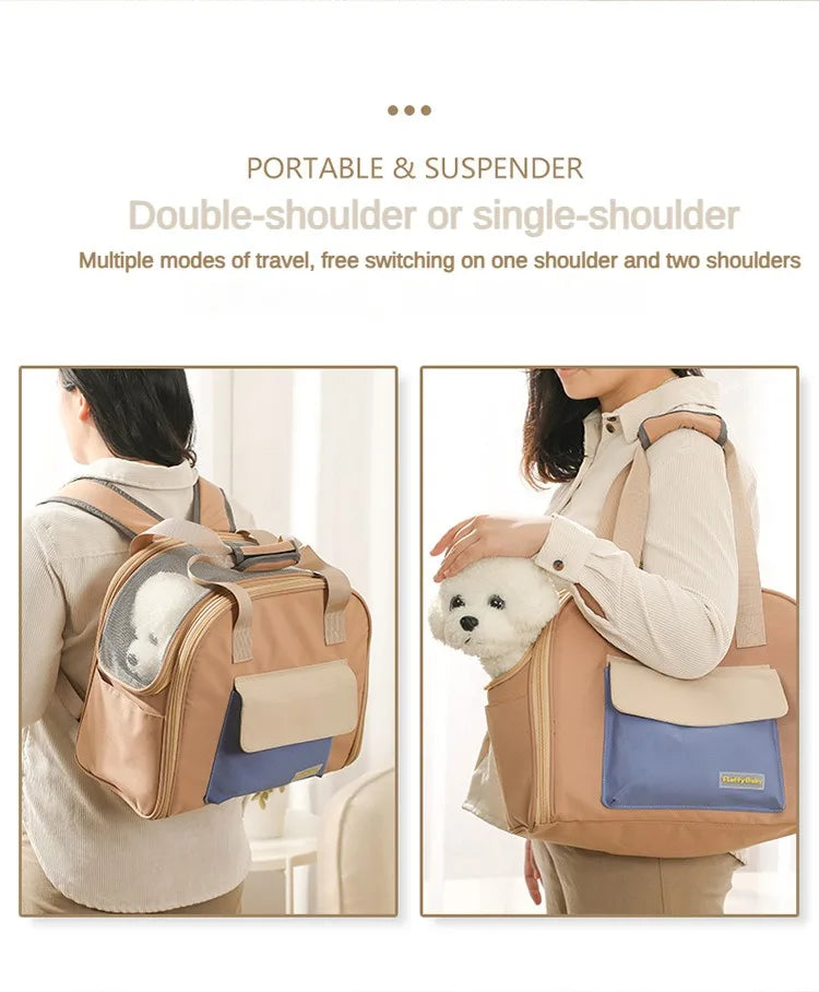 Pet carrier worn on a person's shoulder with text describing its features.