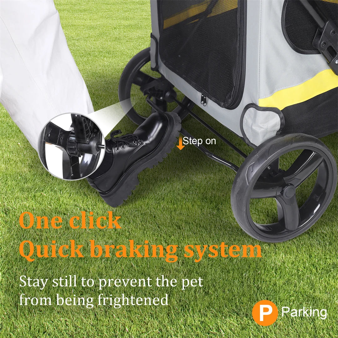 Pet stroller with quick braking system feature on grass