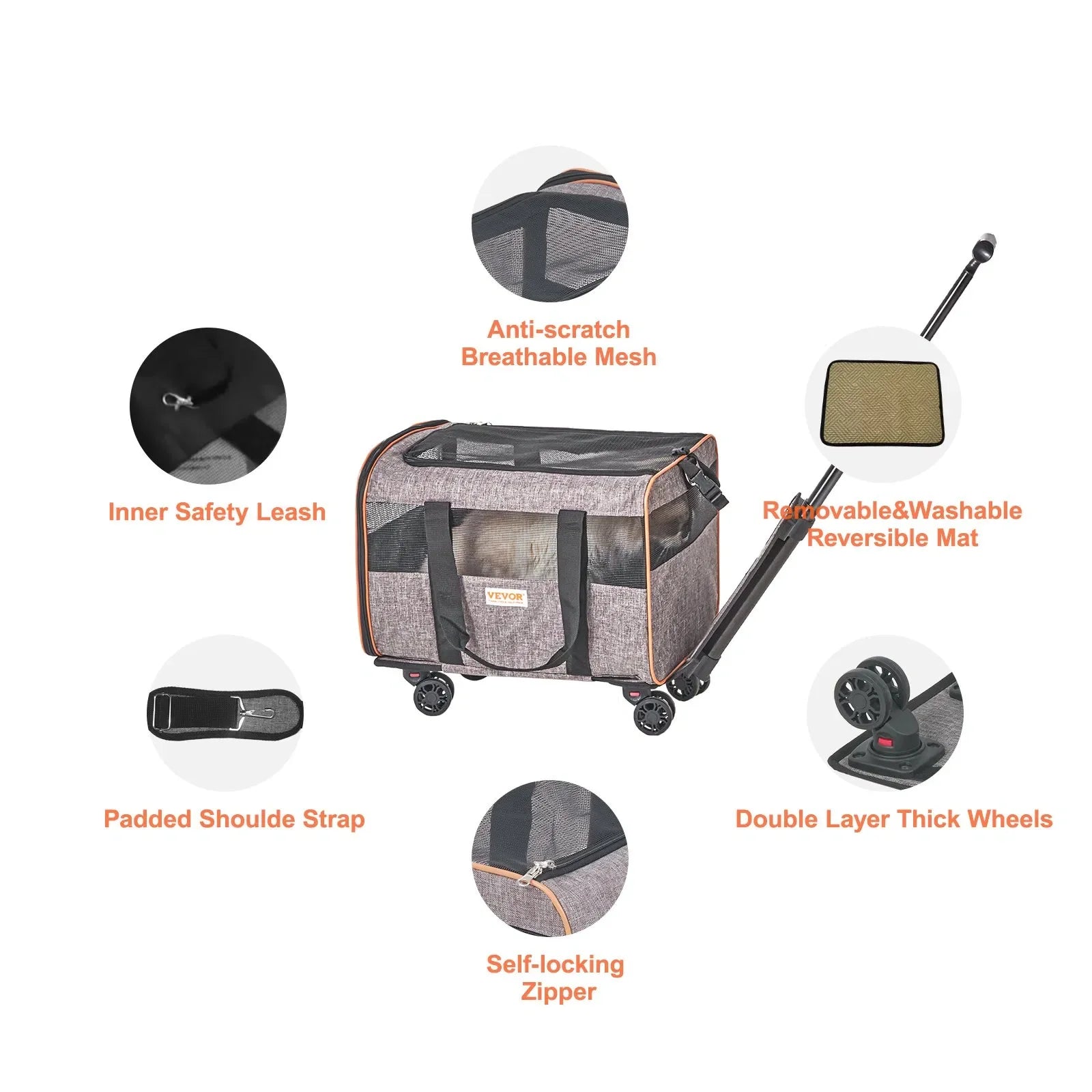 Pet travel crate with features highlighted on a white background
