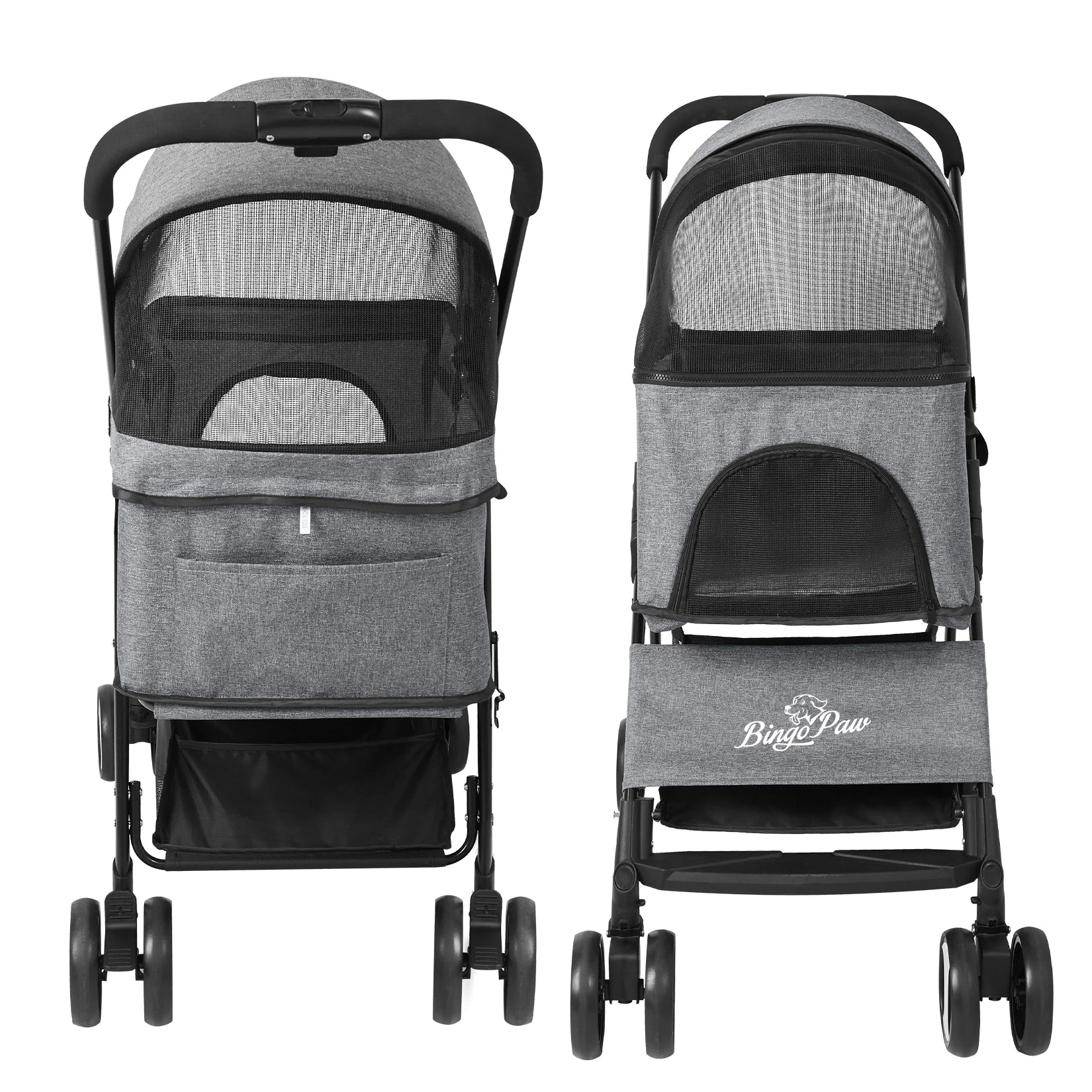 Gray pet stroller with 'Bing & Paw' branding on a white background