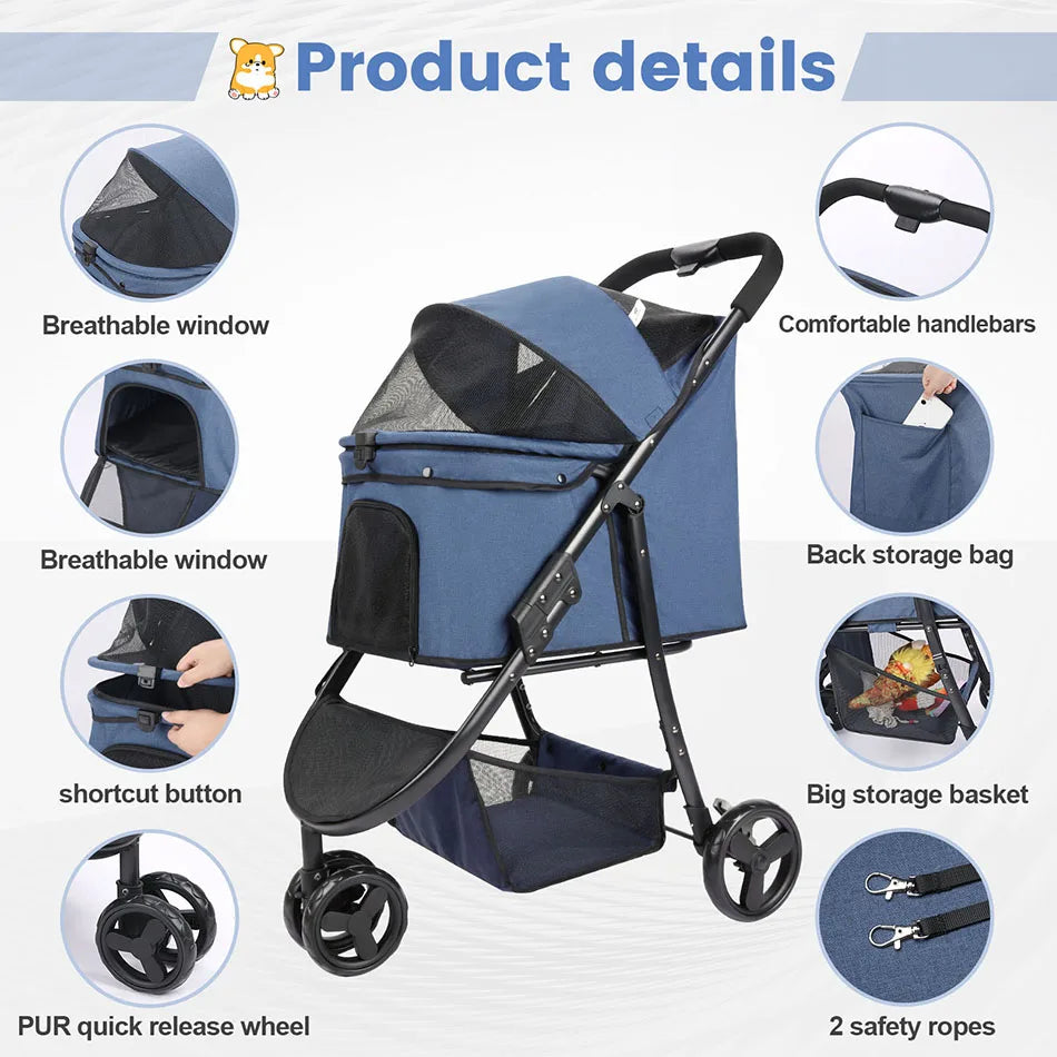 Pet stroller with features highlighted on a white background