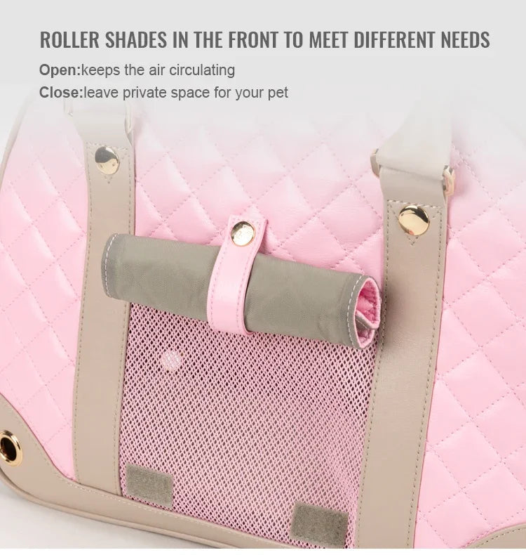 Pink pet carrier with a roller shade feature on a white background
