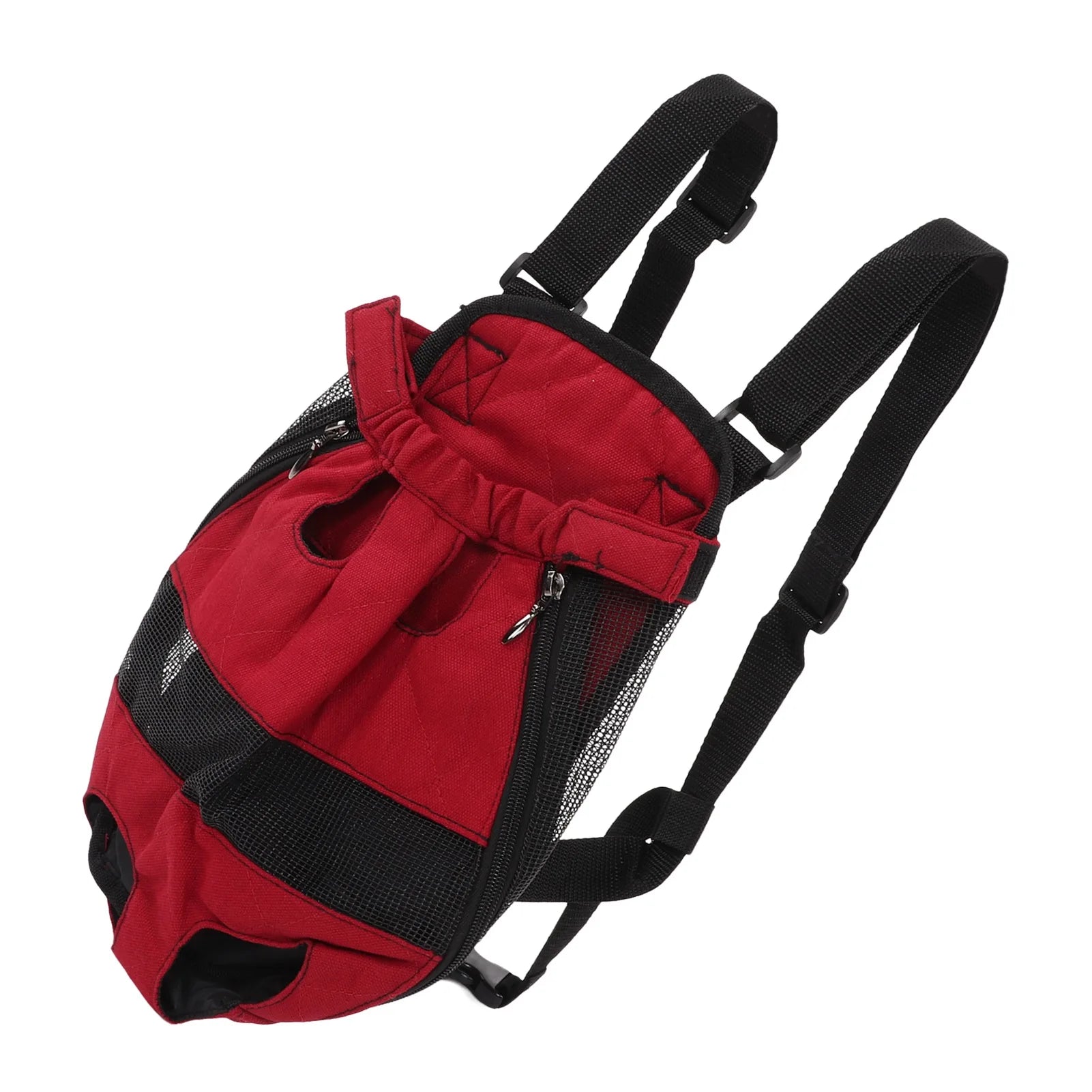 Red pet carrier with black straps on a white background