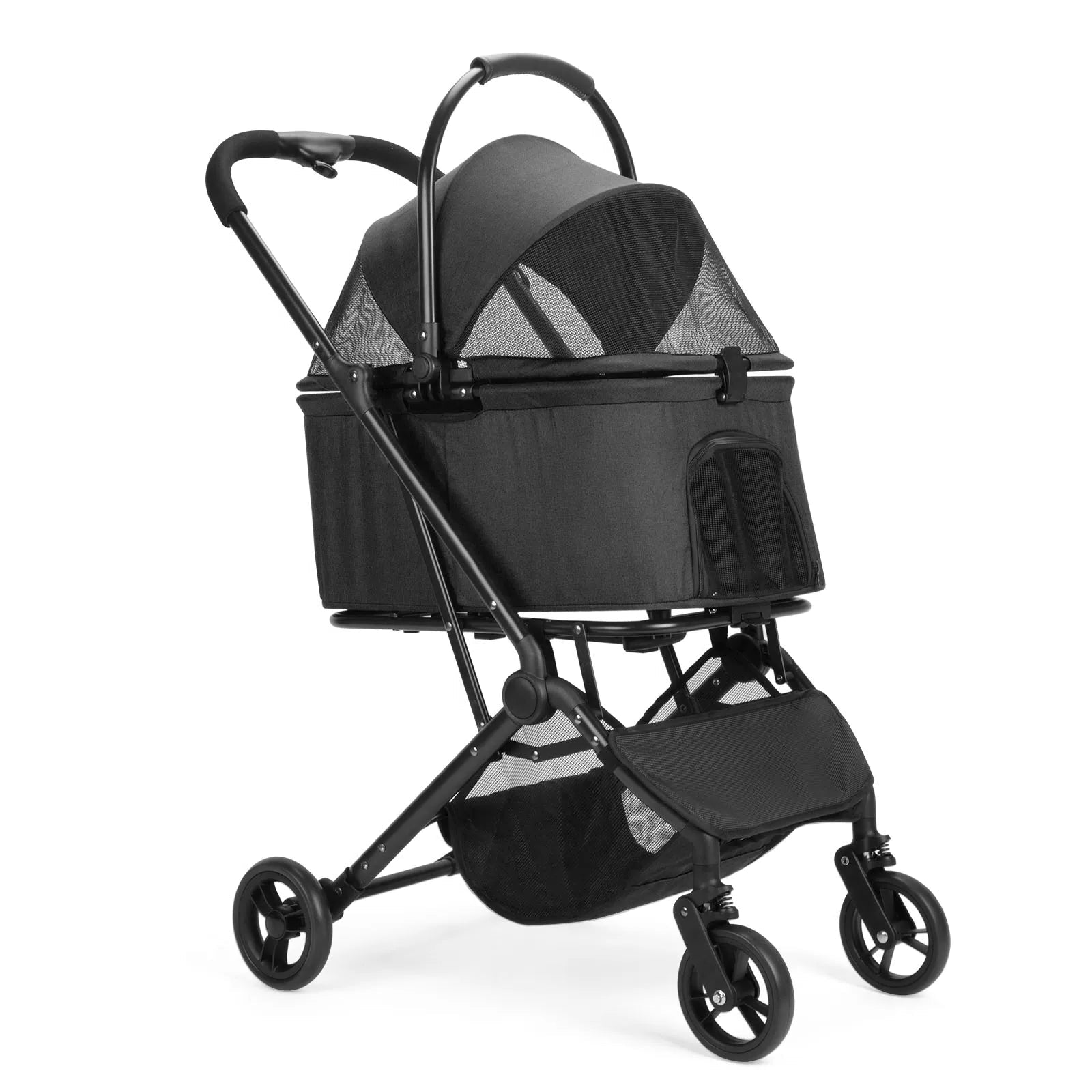 Black pet stroller on a white background