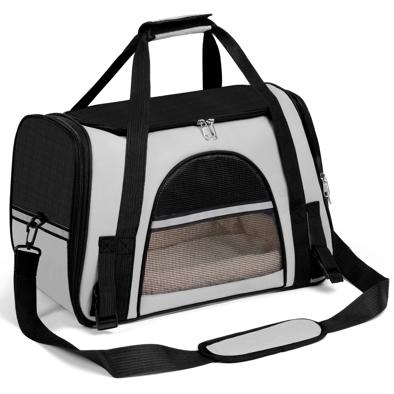 Pet carrier with black and gray design on a white background
