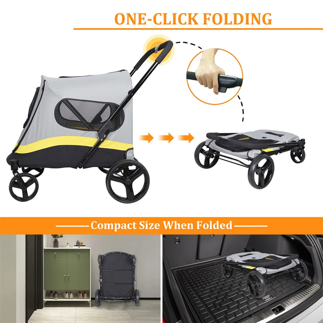 Pet stroller with one-click folding feature, shown in various settings.