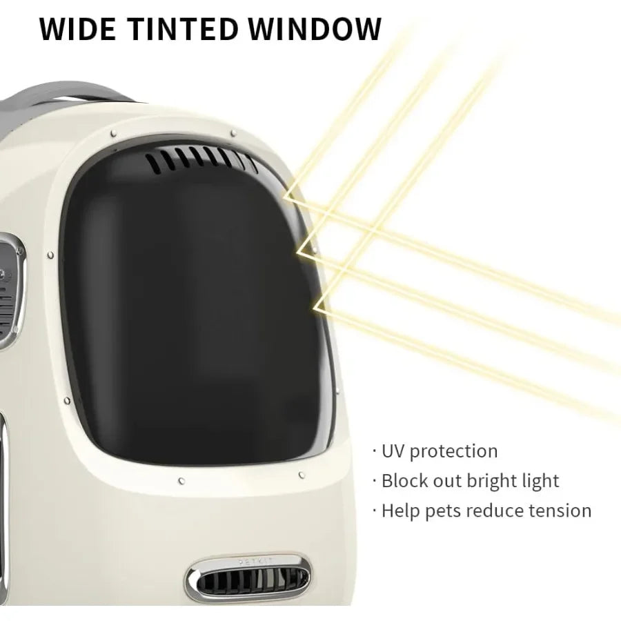 Pet carrier with wide tinted window and UV protection features.