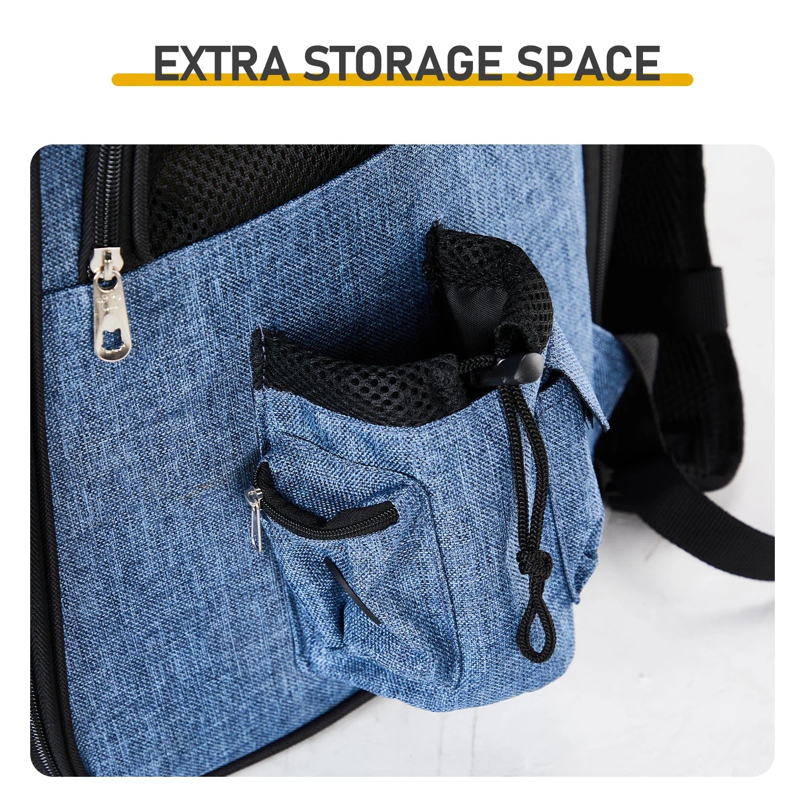 Blue backpack with additional storage pocket on a white background