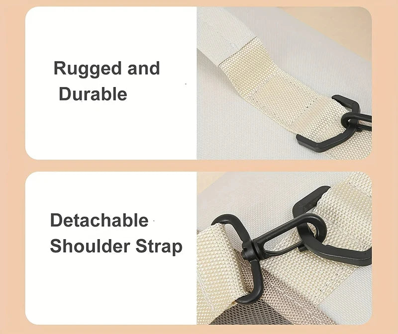Detachable shoulder strap with text 'Rugged and Durable' on a beige background