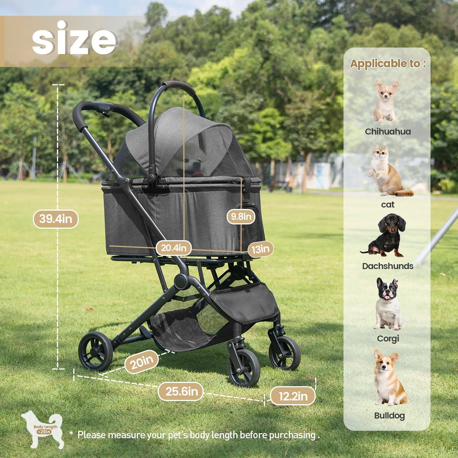 Pet stroller with size measurement details on a grassy field