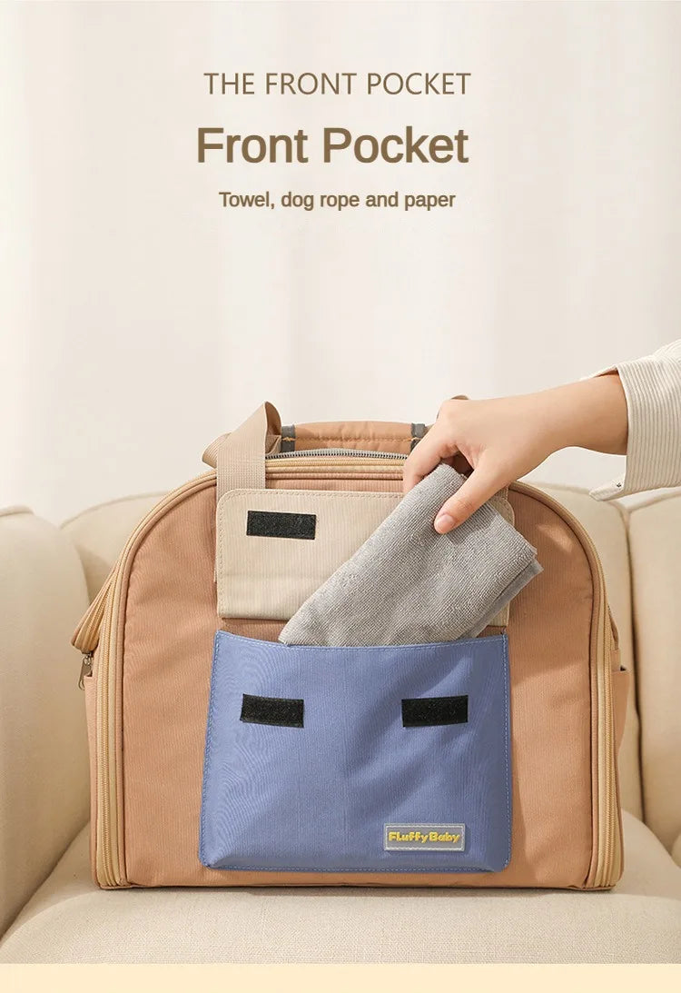 Brown pet carrier with front pocket containing a towel, dog rope, and paper on a beige couch.