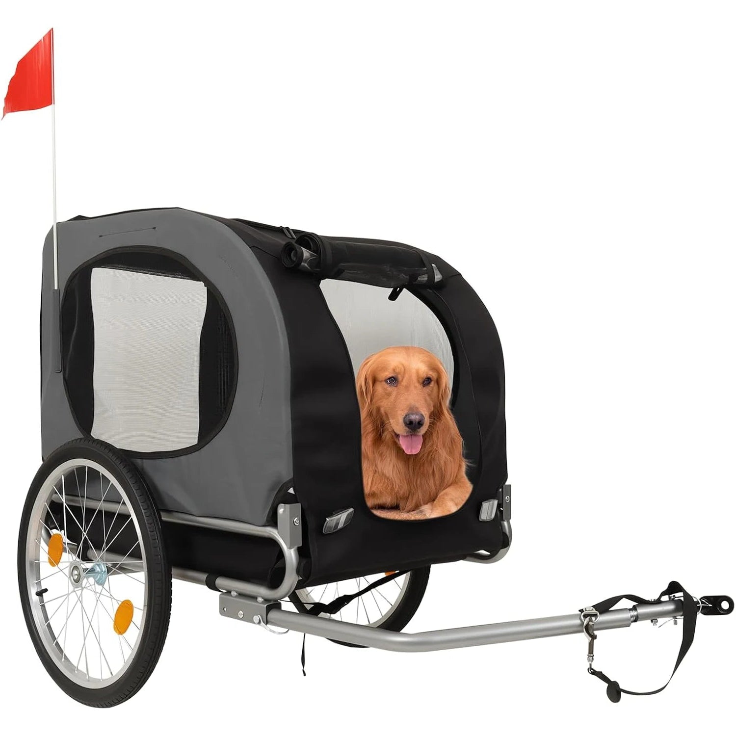Dog bike trailer with a dog inside on a white background