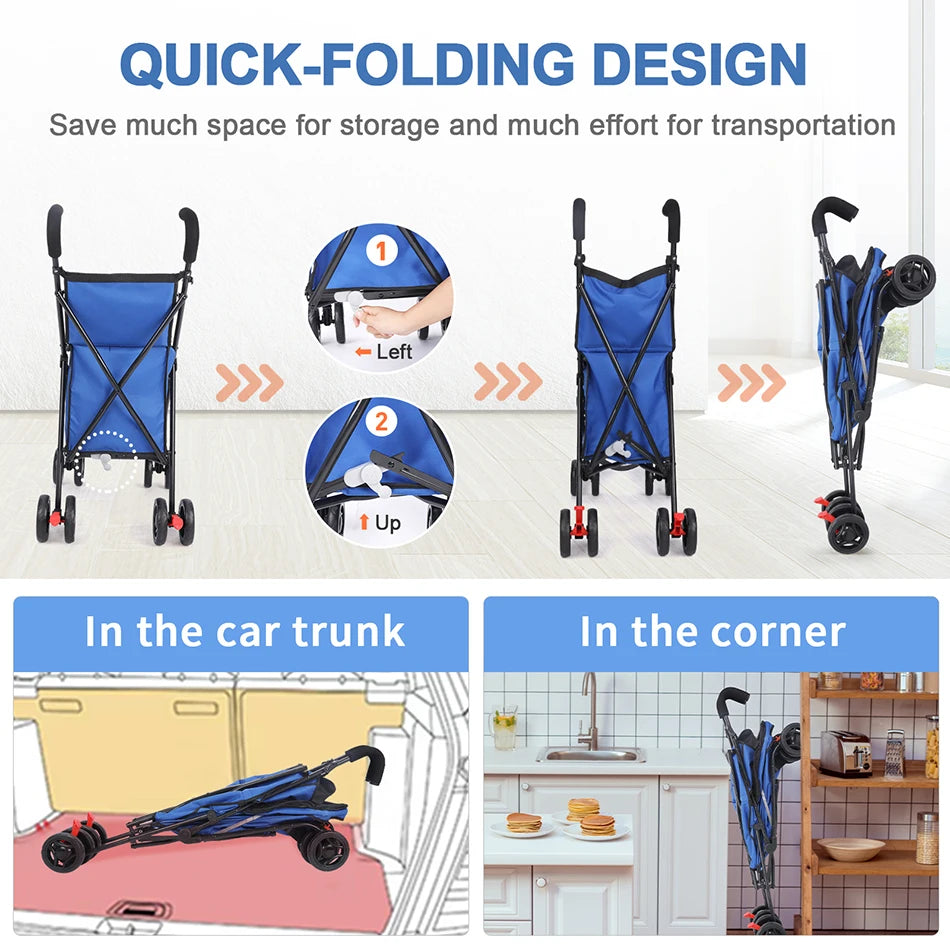 Quick-folding blue stroller with storage and transportation benefits on a white background