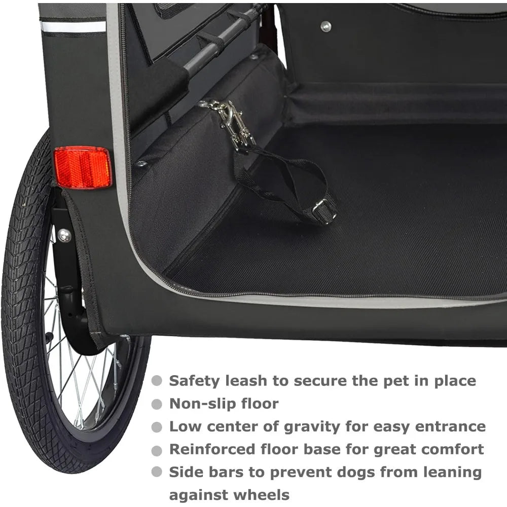 Black pet stroller with safety features and specifications listed below.