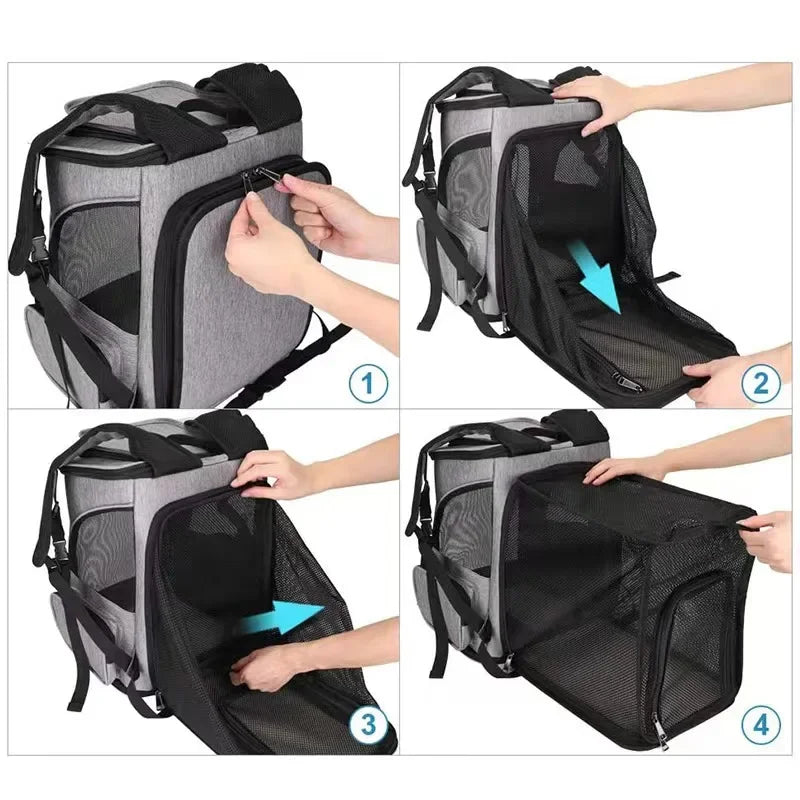 Step-by-step guide on how to use a gray pet carrier backpack with hands demonstrating each step.