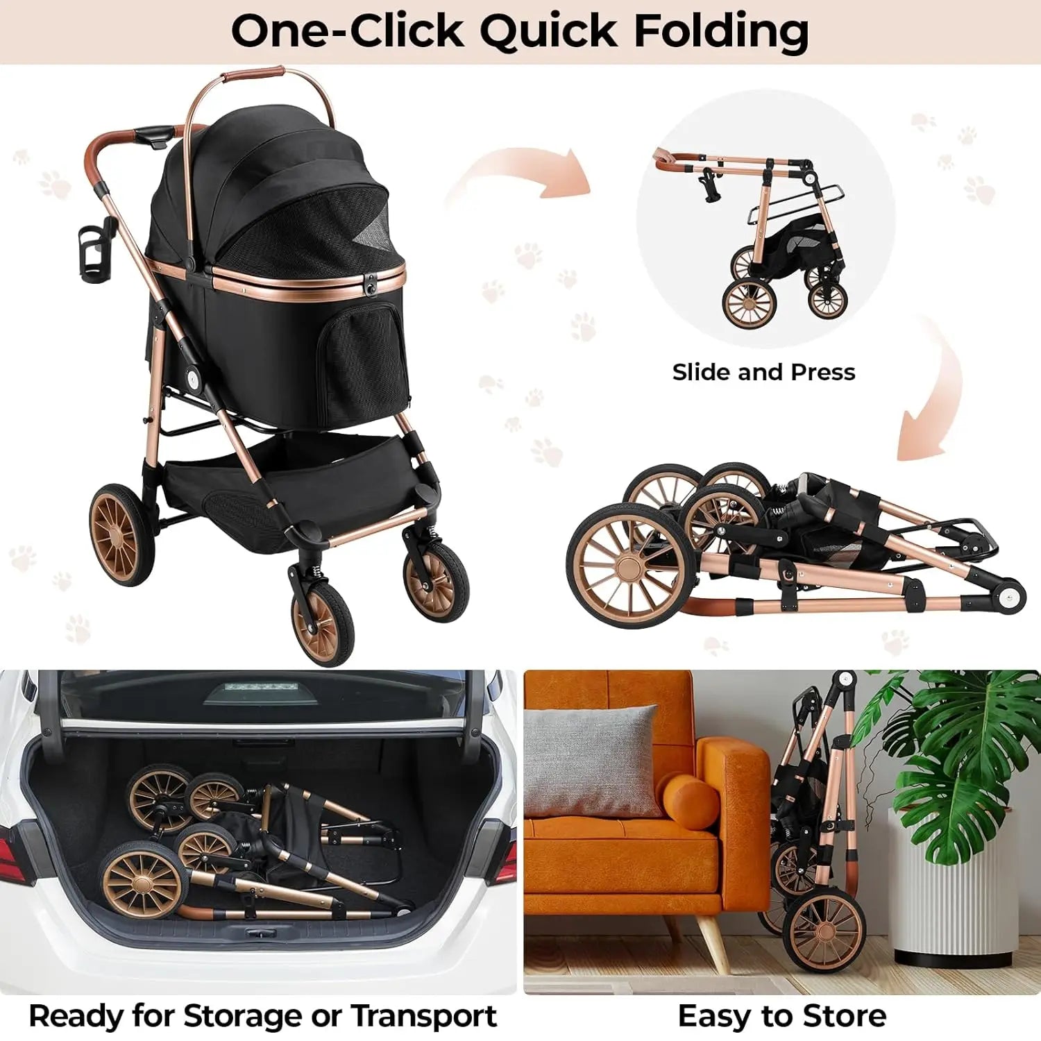 Collage of a stroller with folding mechanism, storage, and ease of use features.