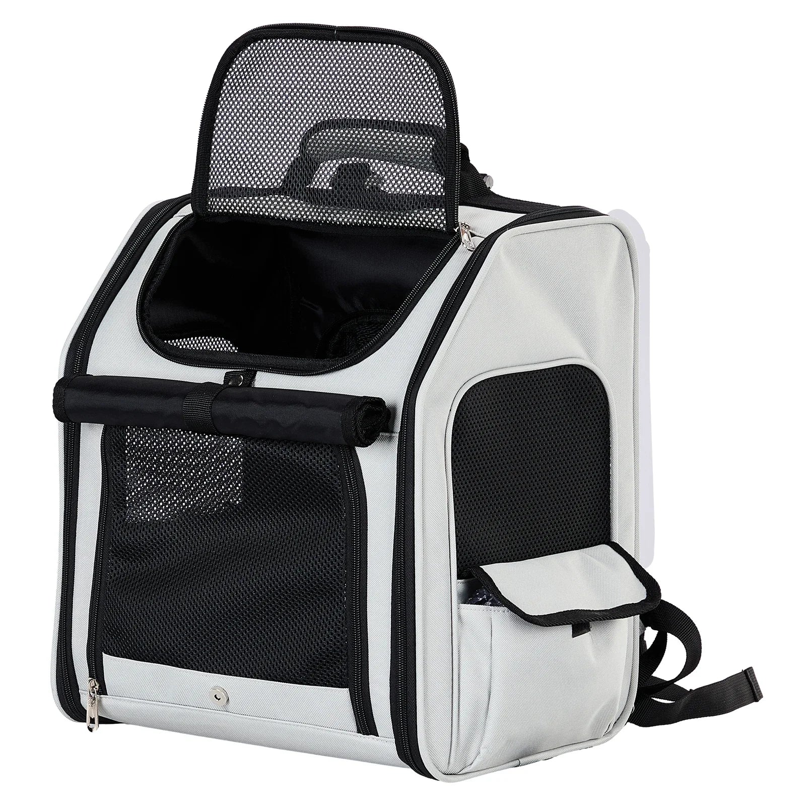 Pet carrier with black and white design on a white background