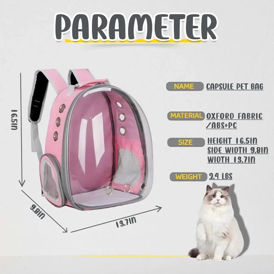 Pink capsule pet bag with dimensions and specifications on a white background
