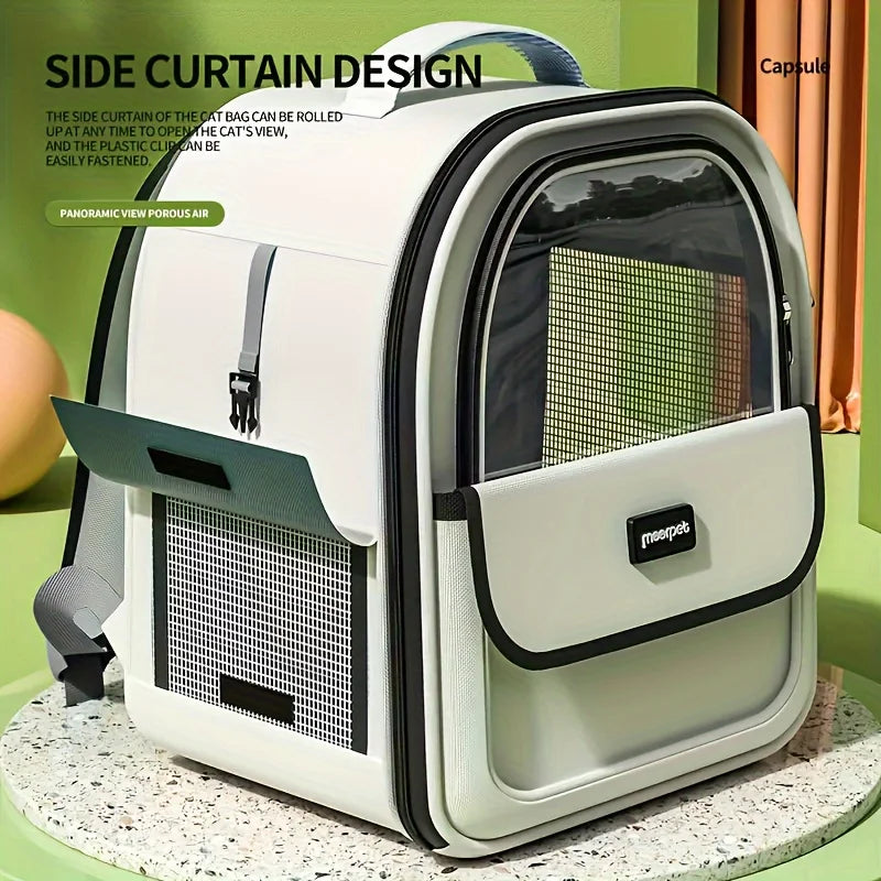 Pet carrier with side curtain design on a green background