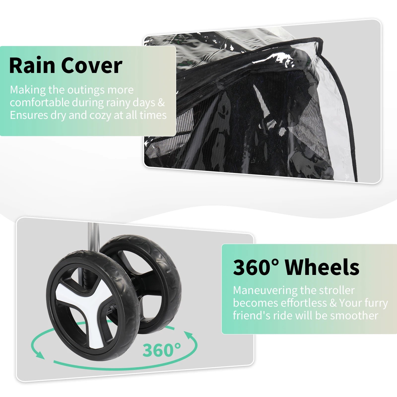 Stroller with rain cover and 360-degree wheels on a white background
