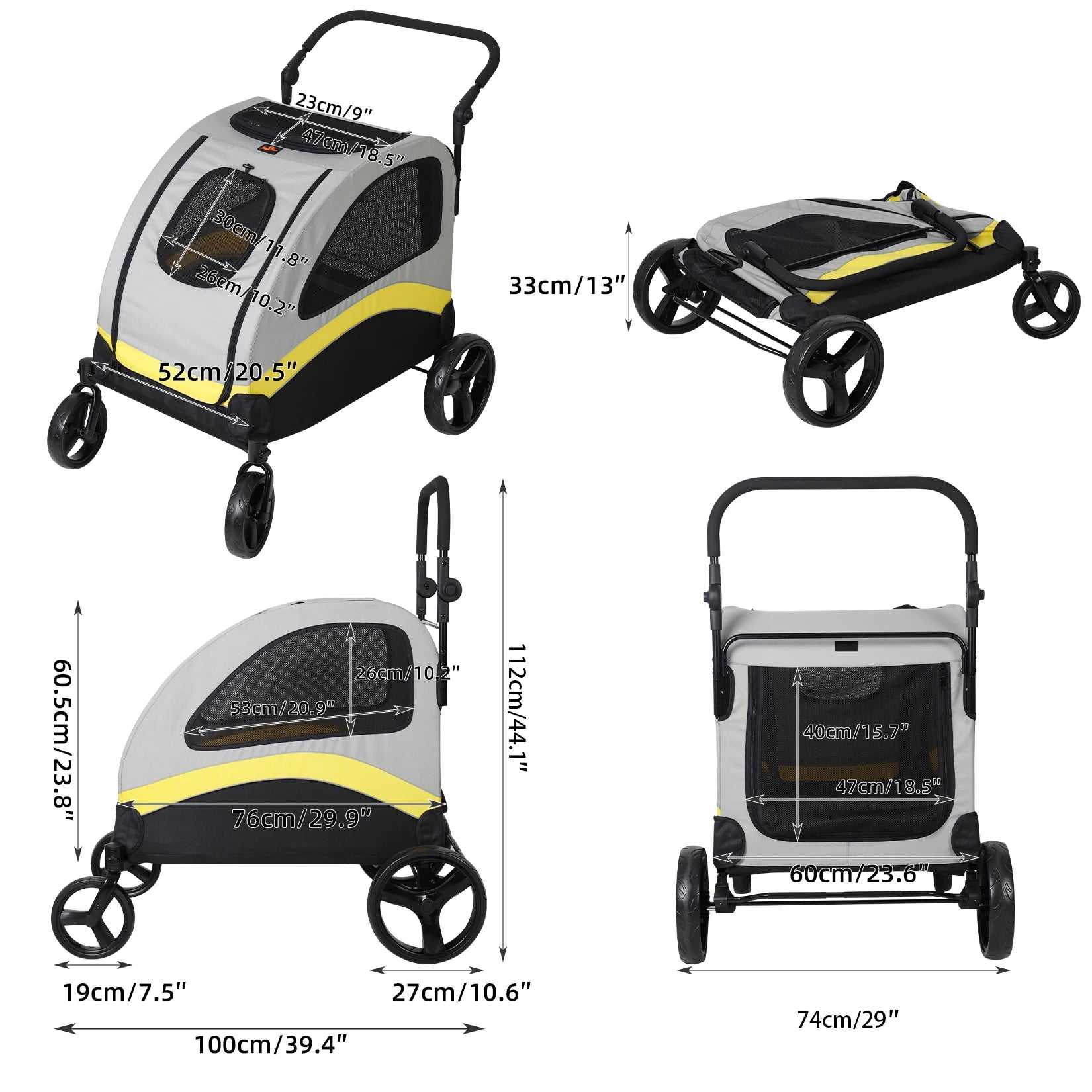 Pet stroller with dimensions indicated on a white background