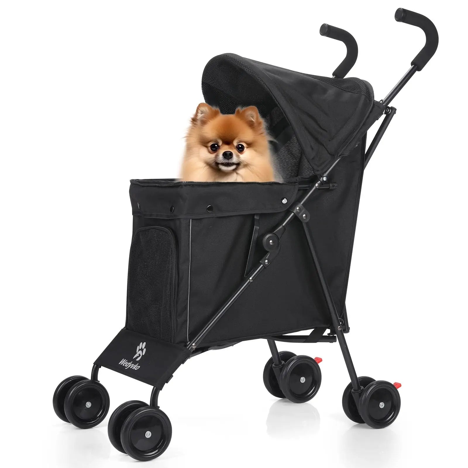 Black pet stroller with a small dog inside on a white background
