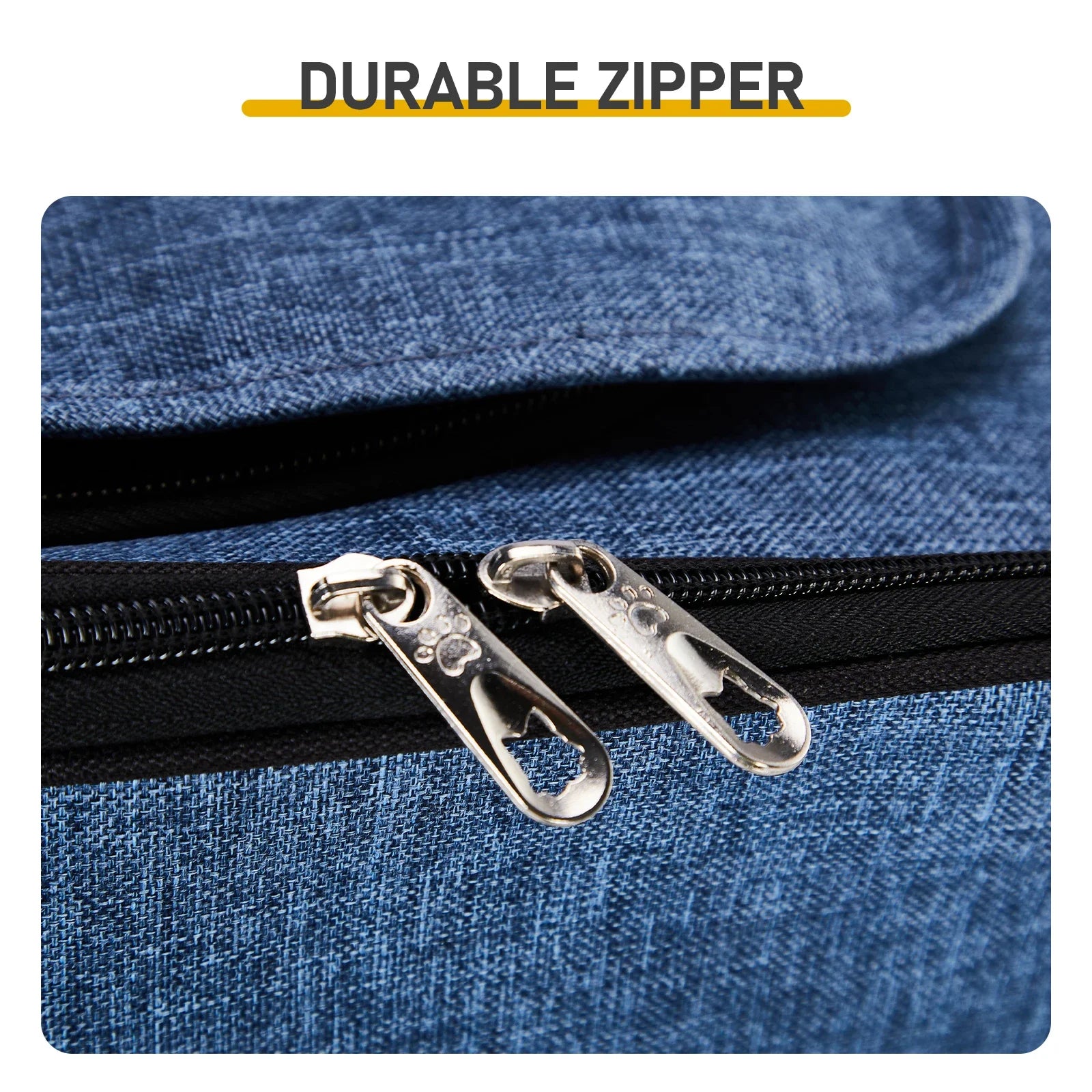 Close-up of a durable zipper on a blue denim bag with 'Durable Zipper' text above.