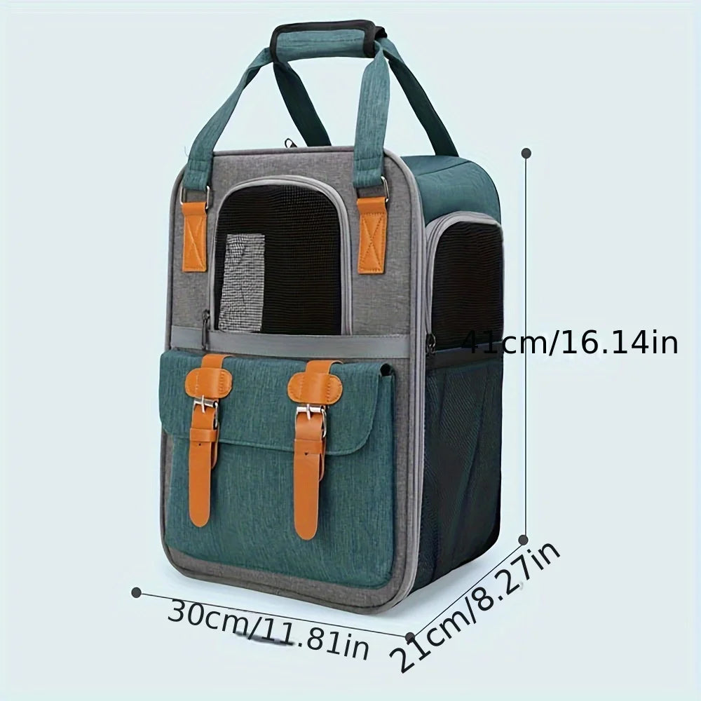 Pet carrier with dimensions indicated on a light blue background