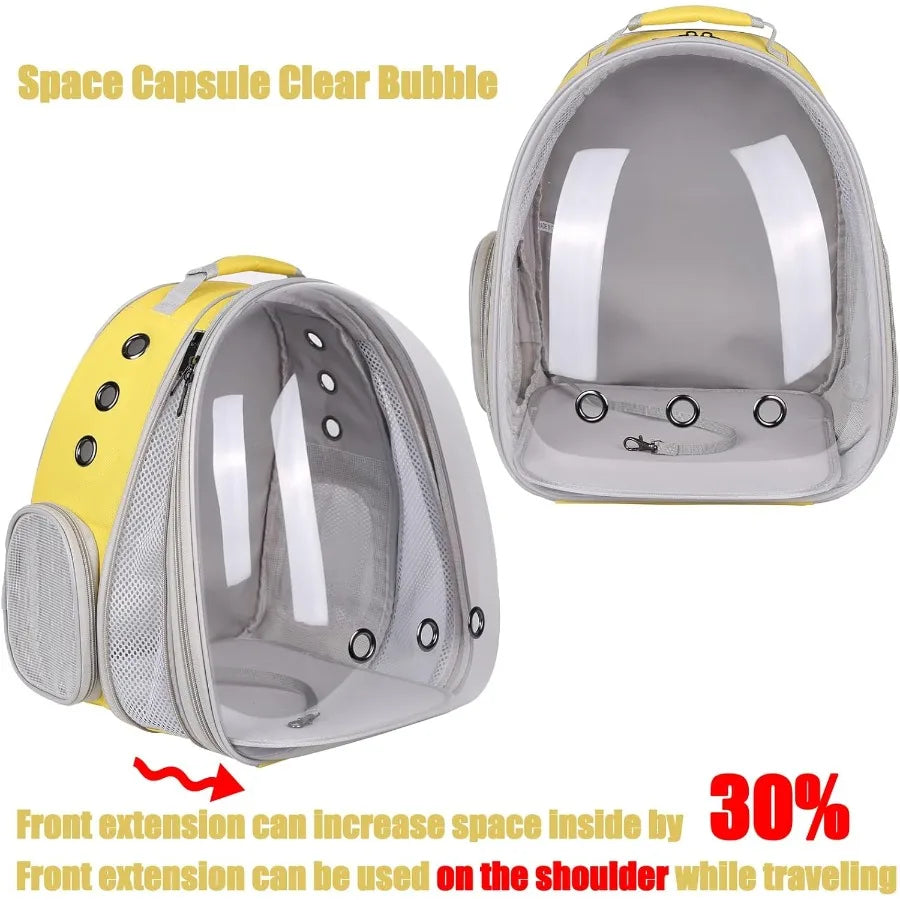 Clear bubble pet carrier with yellow and gray design, showing front extension feature.