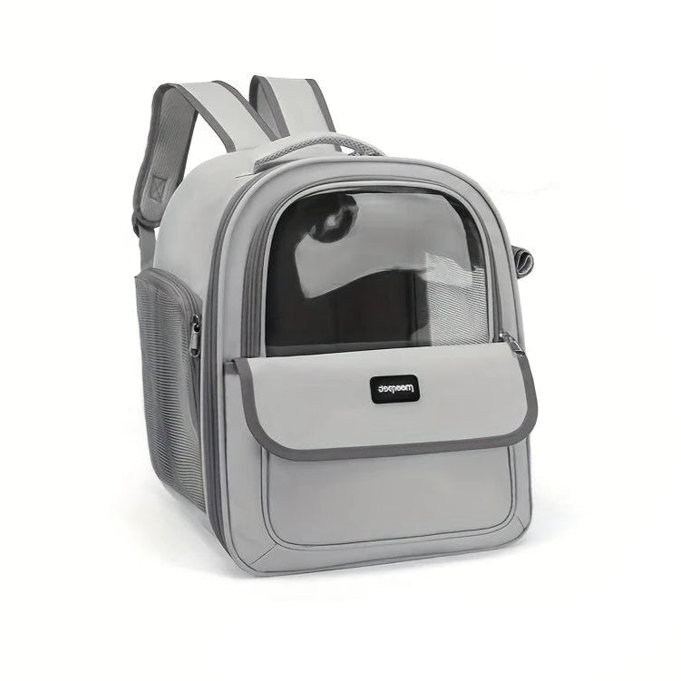 Gray pet backpack with transparent front on a white background