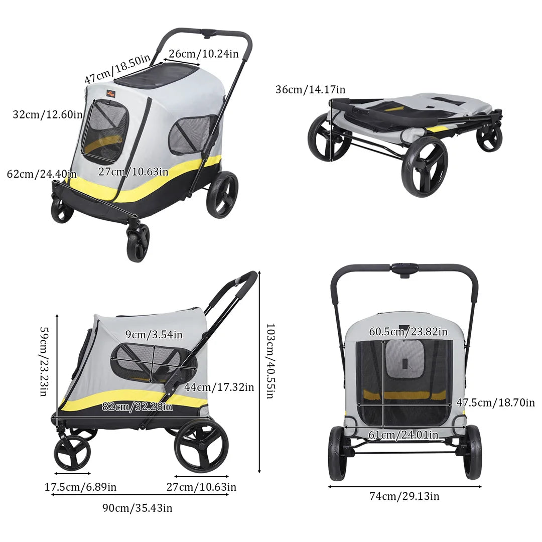 Pet stroller with dimensions labeled on a white background