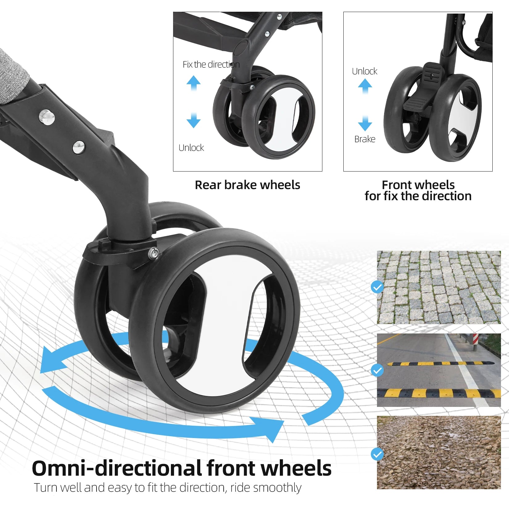 Stroller wheels with brake system and omnidirectional front wheels on a white background