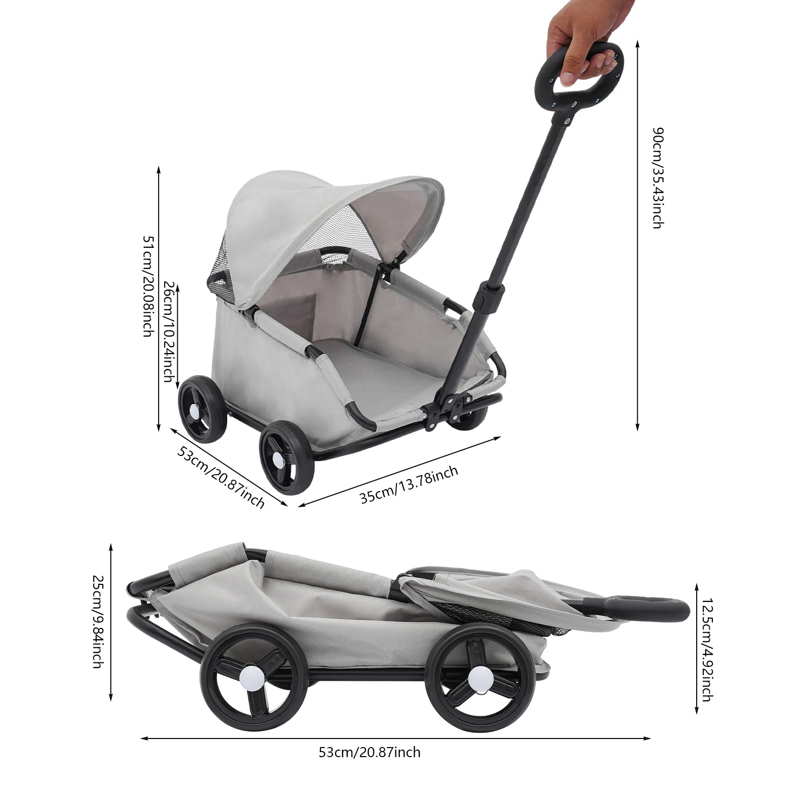 Measurement chart of a gray baby stroller with dimensions labeled.