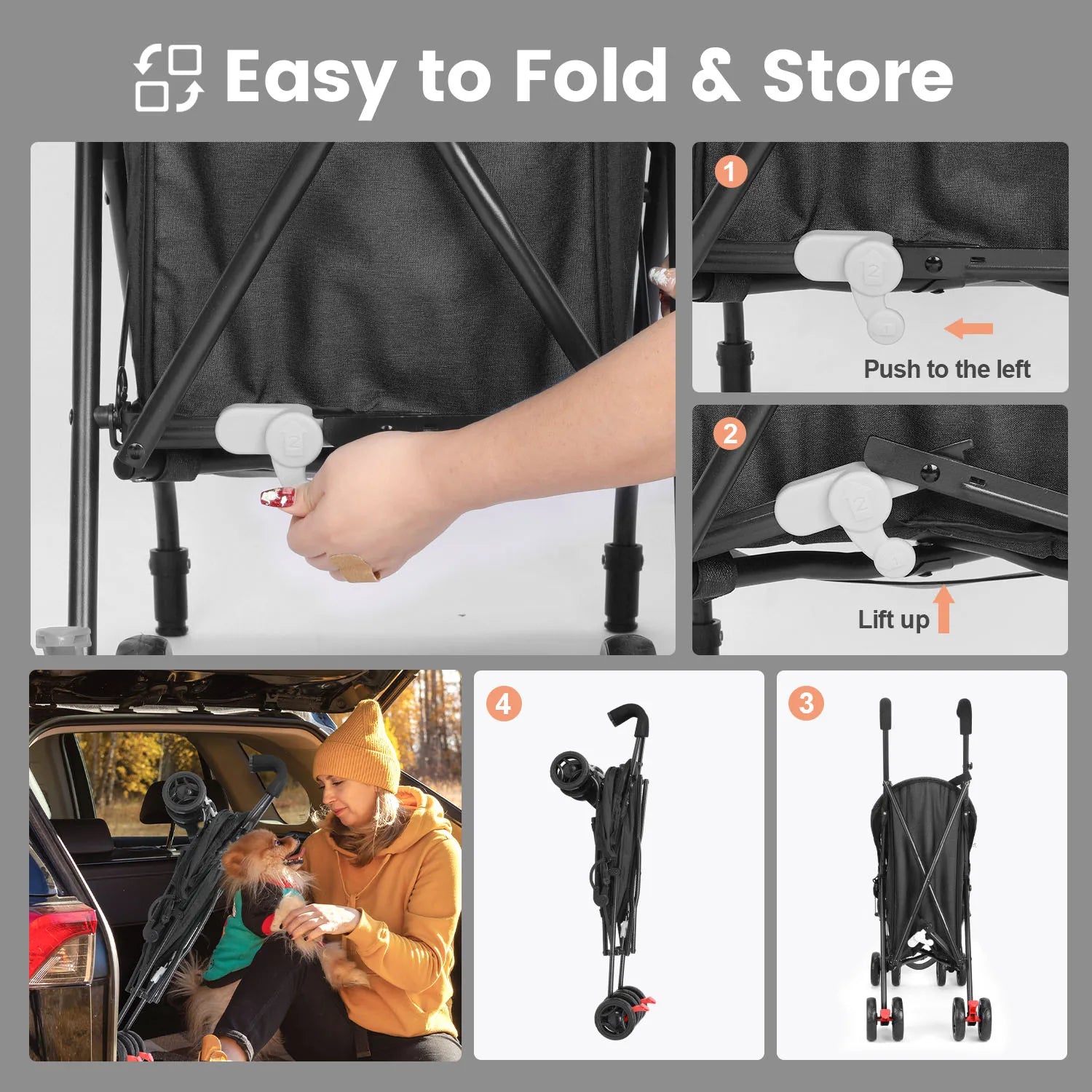 Instructions on how to easily fold and store a stroller with text and images.