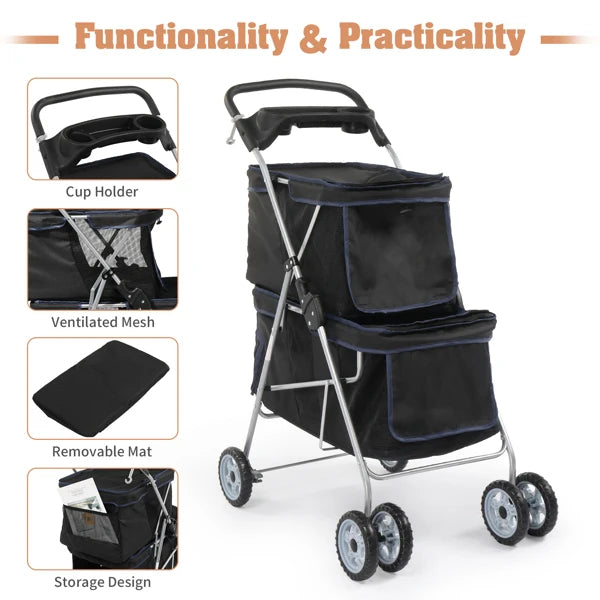 Black pet stroller with features highlighted on a white background