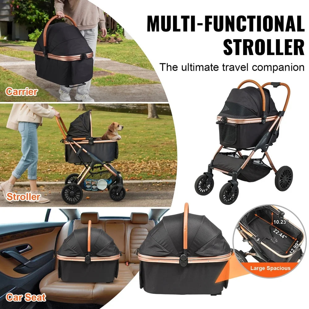 Multi-functional stroller with various uses including carrier, stroller, and car seat.