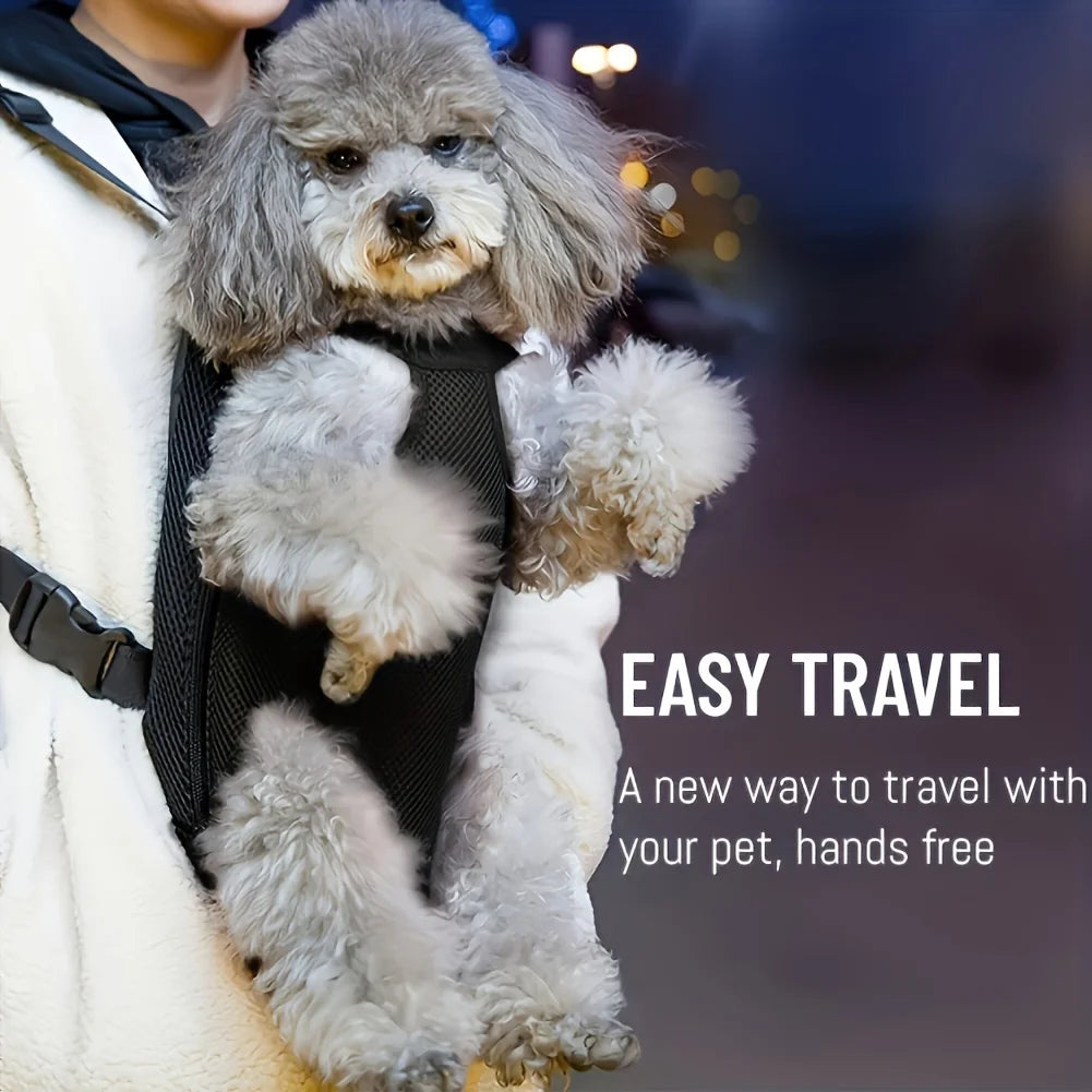 Dog in a carrier with text 'Easy Travel' on a blurred background