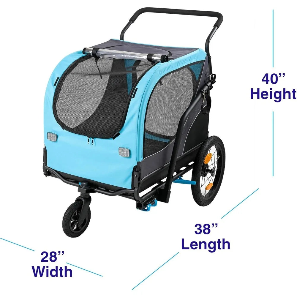 Blue pet stroller with dimensions labeled on a white background