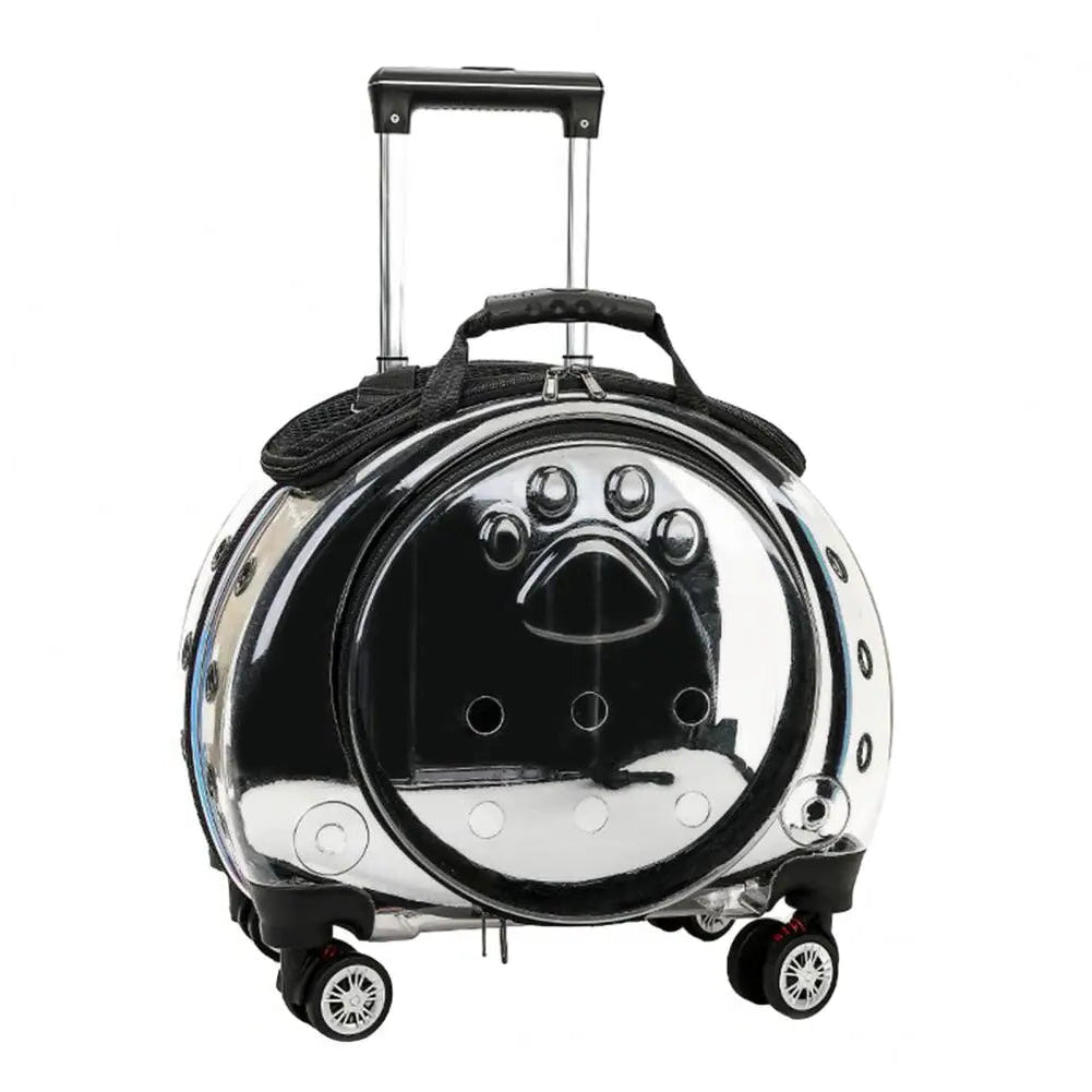 Black and clear pet carrier with paw design on a white background
