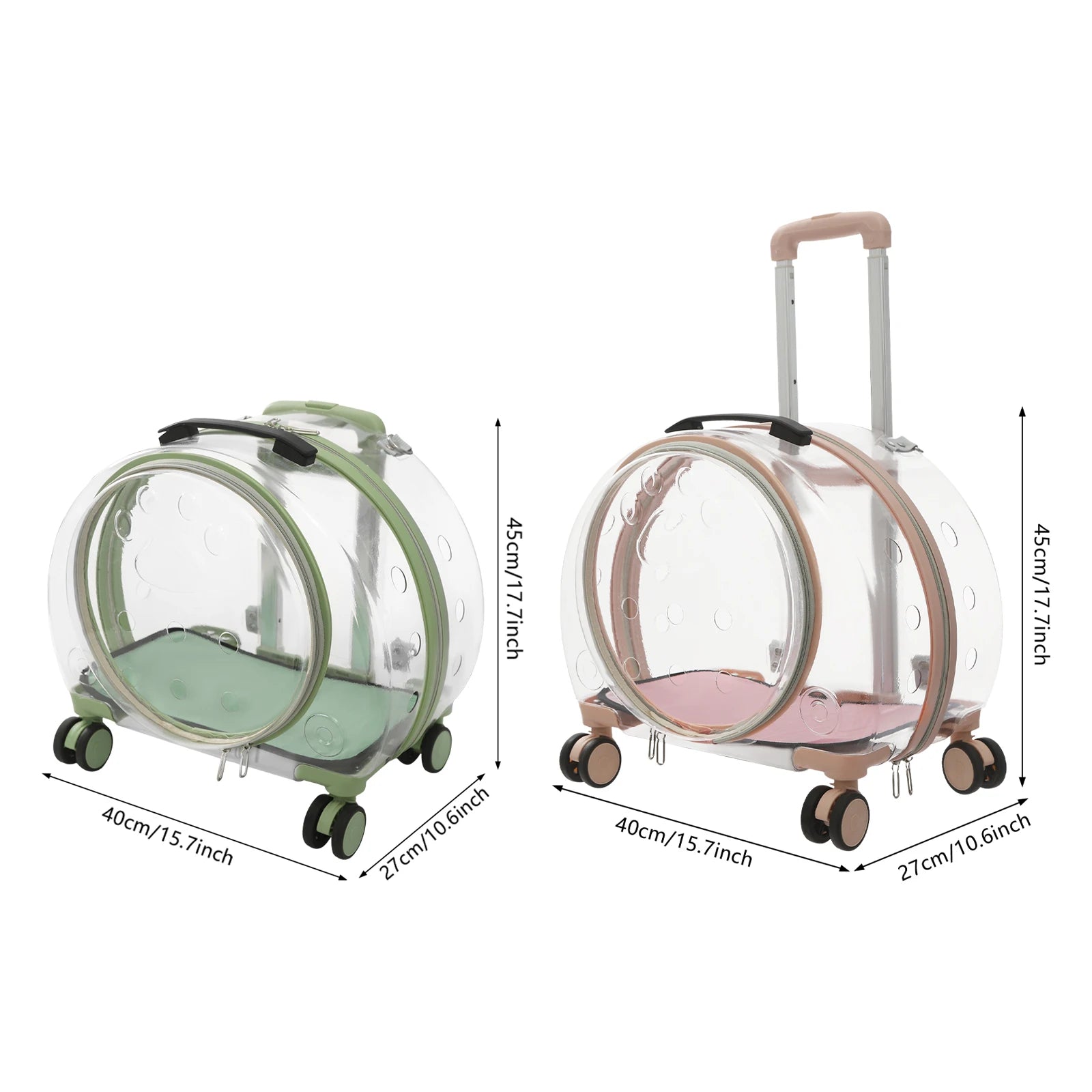 Two transparent luggage protectors with dimensions displayed on a white background