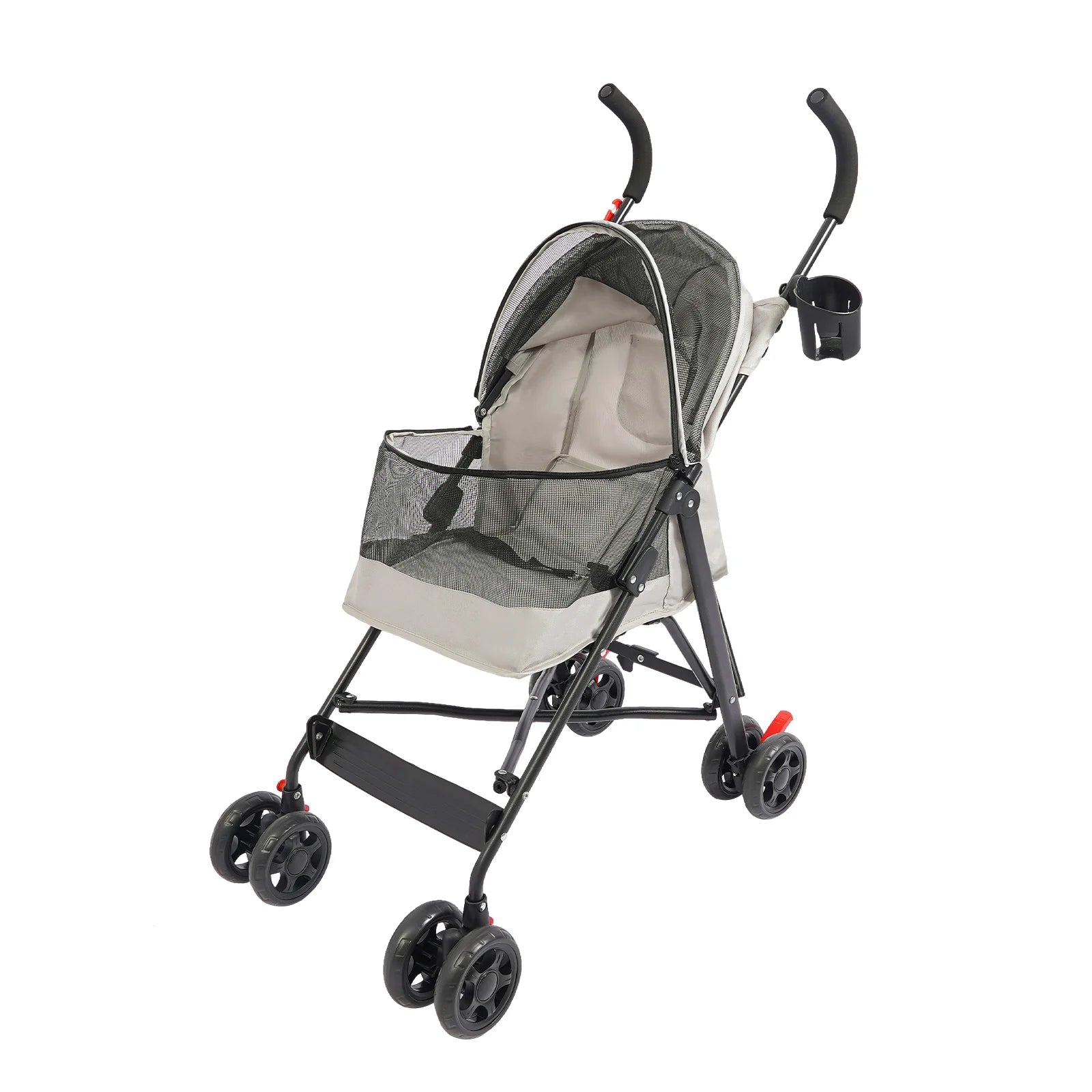 Stroller with a gray seat and black frame on a white background