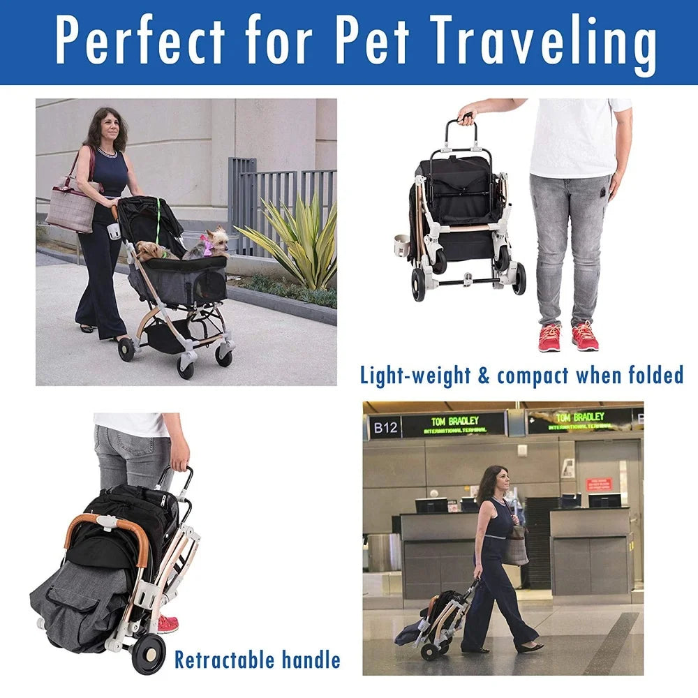 Pet travel stroller with images of people using it in various settings.