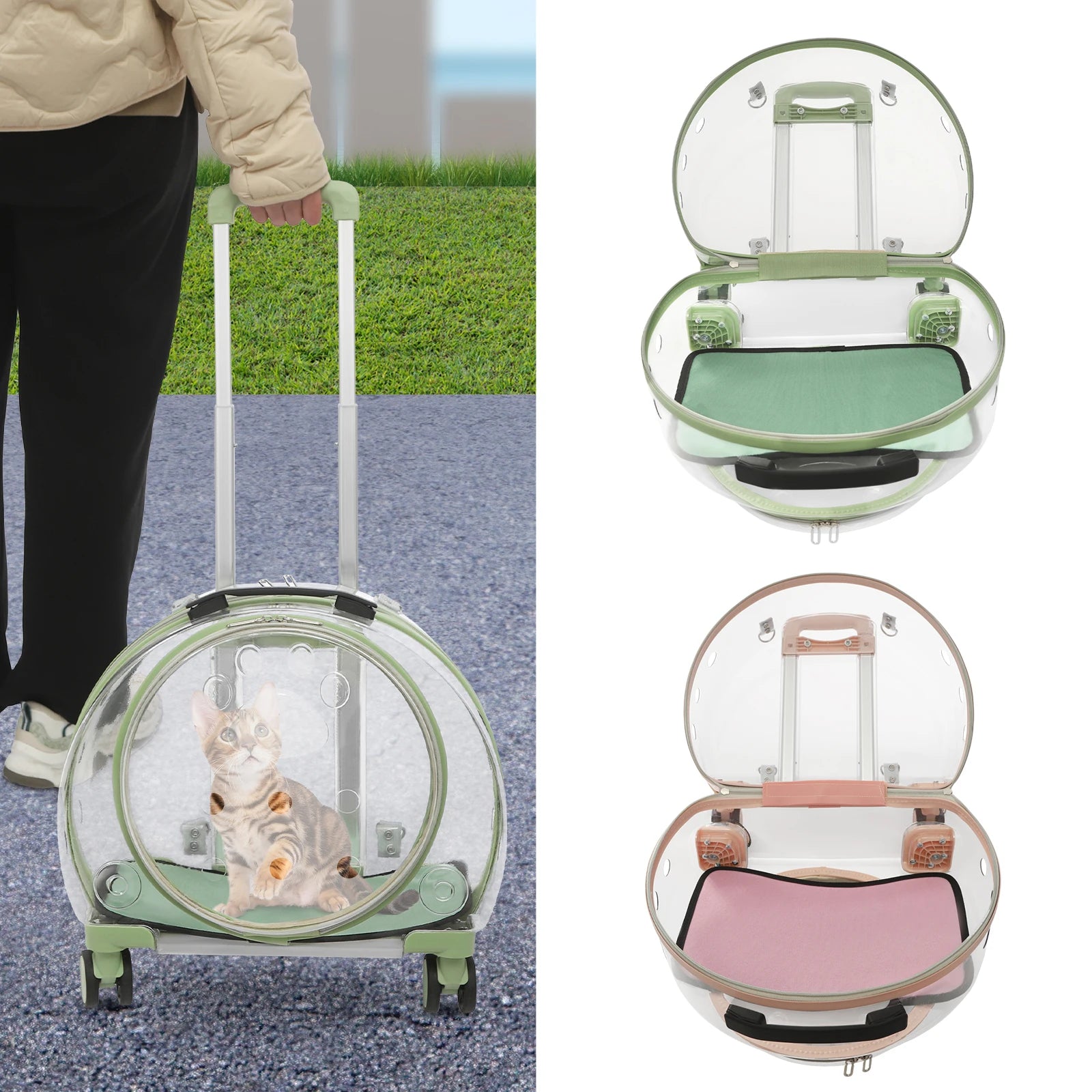 Pet carrier with transparent dome on wheels, showing a cat inside, with additional views of the carrier on a white background.