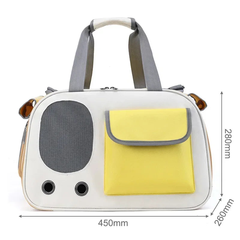 Pet carrier with a yellow pocket and measurements on a white background