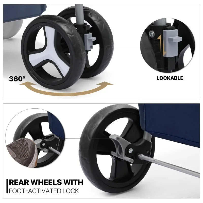 Close-up of a stroller's rear wheels with lockable feature and foot-activated lock mechanism.