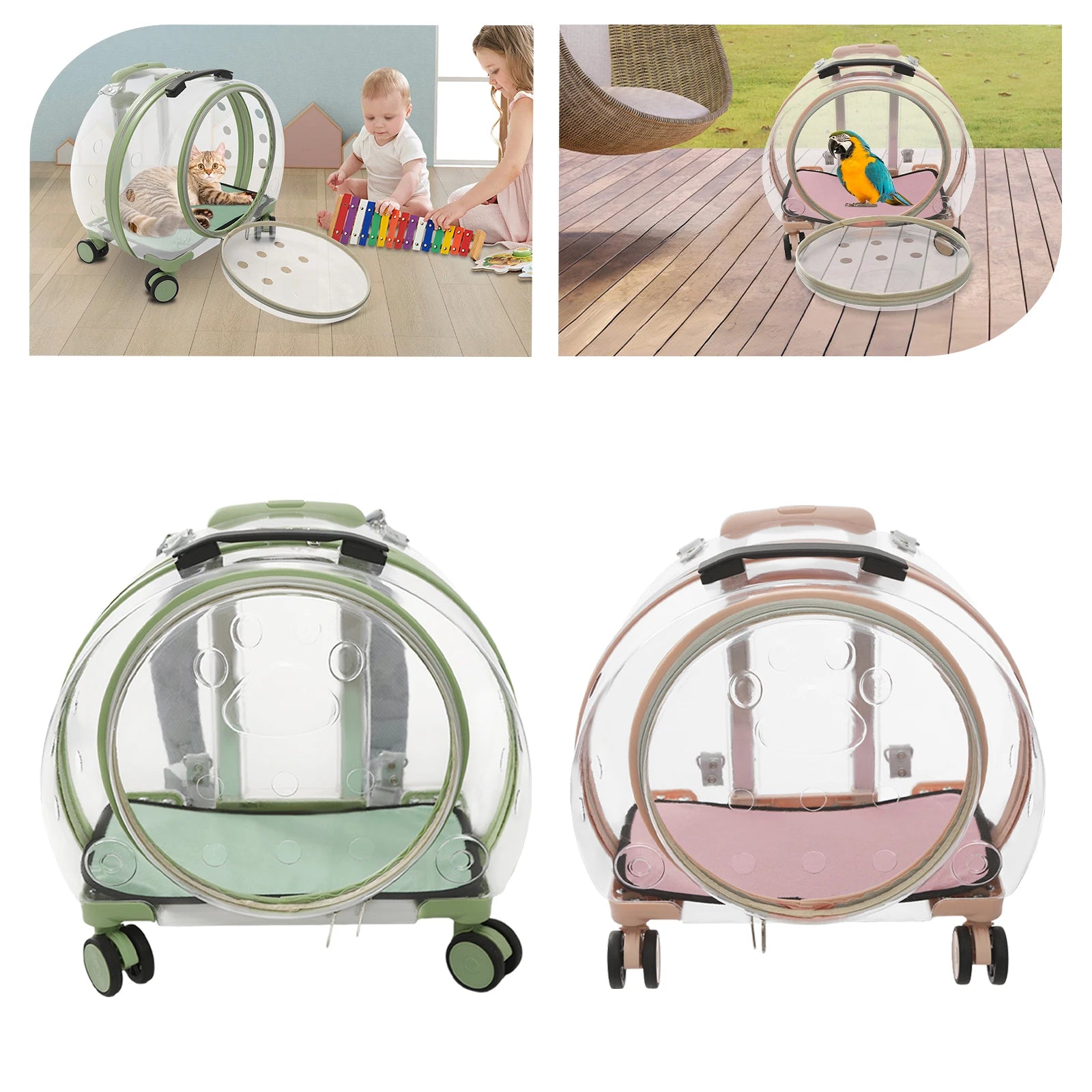 Transparent pet carrier with wheels on a white background